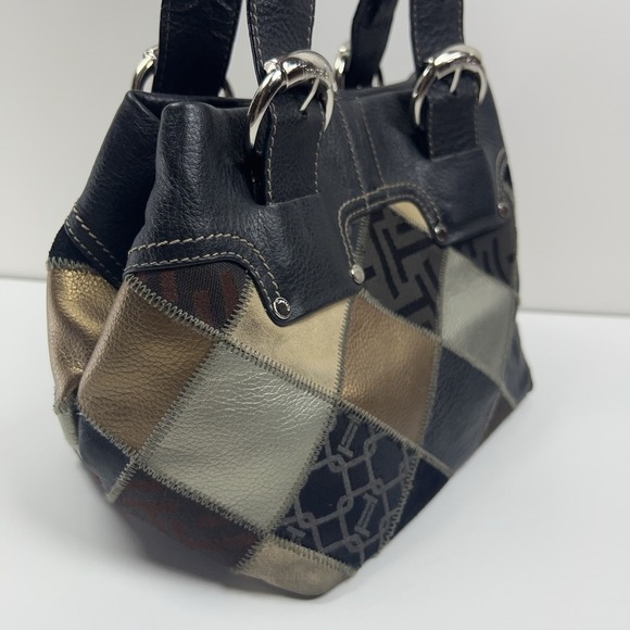 TIGNANELLO Leather Bucket Purse Metallic Patchwork Silver Buckles Black Studded - Picture 4 of 16